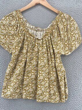 Faherty Top Womens Small Yellow Floral Linen Blend Cropped Short Sleeve Ruffle